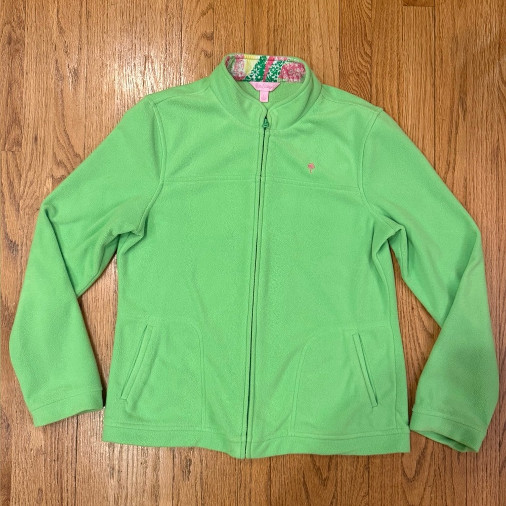 Lilly Pulitzer Green Collared Fleece Full Zip up Jacket Side Pockets large - Picture 2 of 7